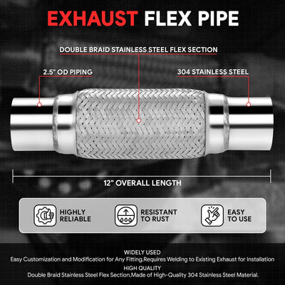 2.5 in. OD 12 in. L Double Braid Exhaust Flex Pipe <br> 8in. Flex Section