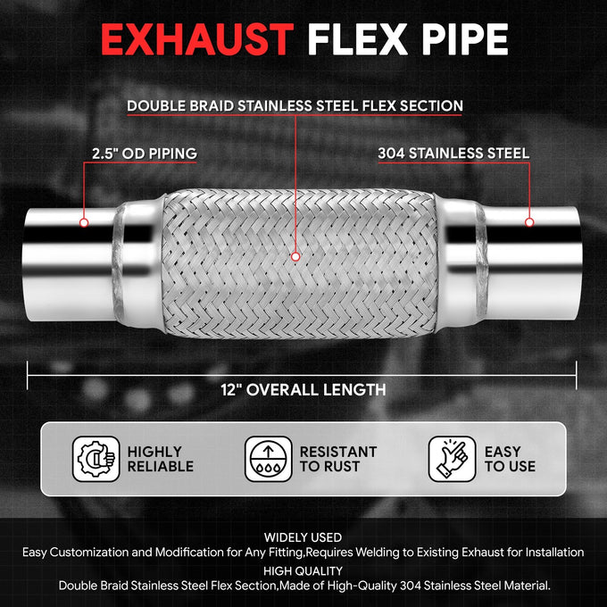 2.5 in. OD 12 in. L Double Braid Exhaust Flex Pipe <br> 8in. Flex Section