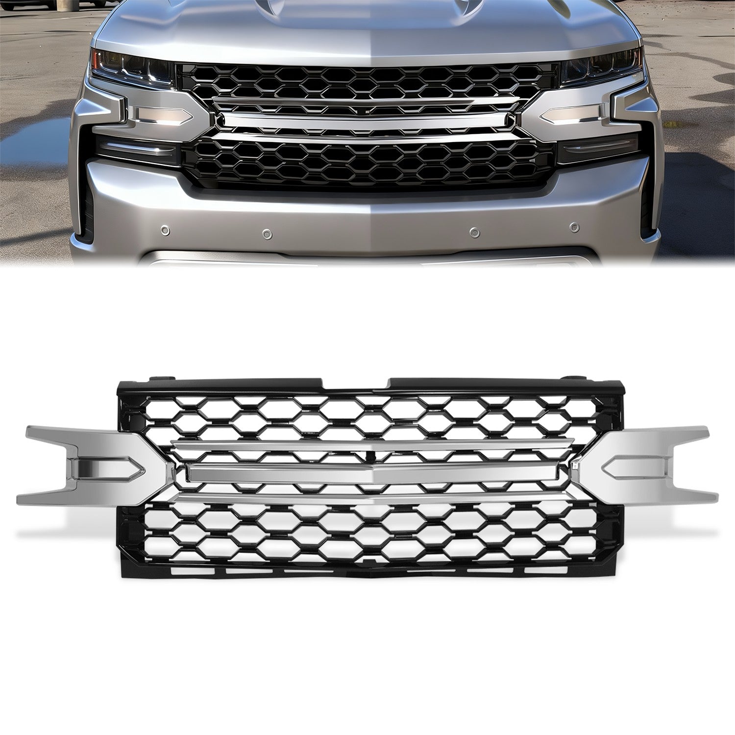 Badgeless Honeycomb Mesh Front Grille<br>19-21 Chevy Silverado 1500, 2022 LTD