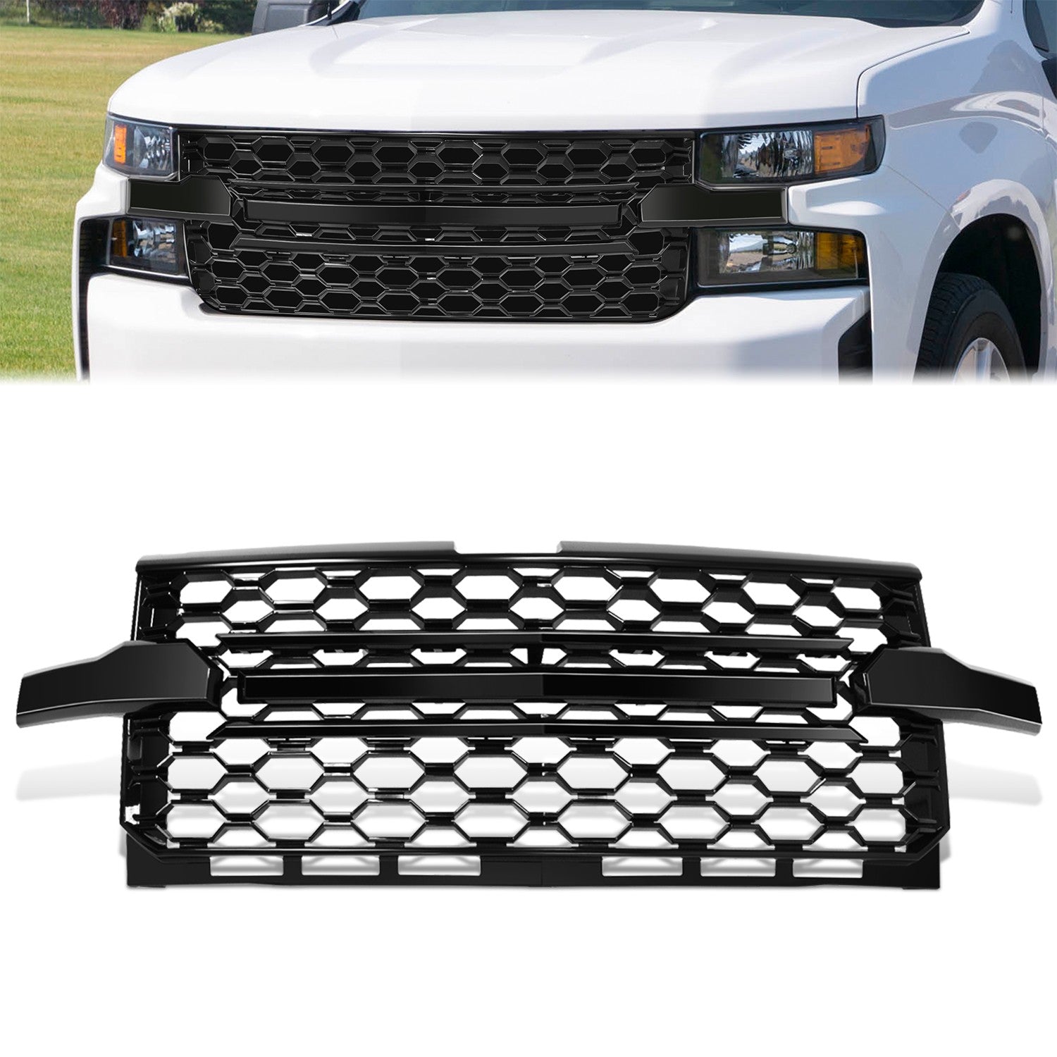 Glossy Black Honeycomb Style Mesh Front Grille<br>19-22 Chevy Silverado 1500, 2022 1500 LTD