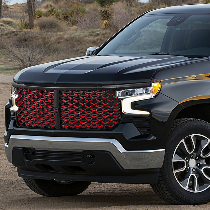 Black/Red Badgeless Diamond Mesh Front Grille<br>22-26 Chevrolet Silverado 1500