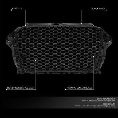 Black RS3 Style Front Grille w/ Sensor Bracket<br>14-16 Audi A3 Quattro S3