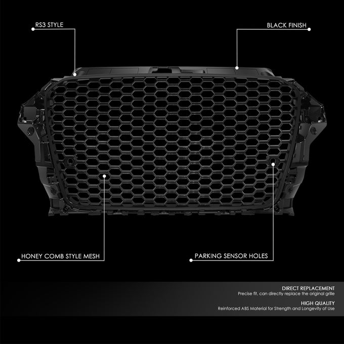 Black RS3 Style Front Grille w/ Sensor Bracket<br>14-16 Audi A3 Quattro S3