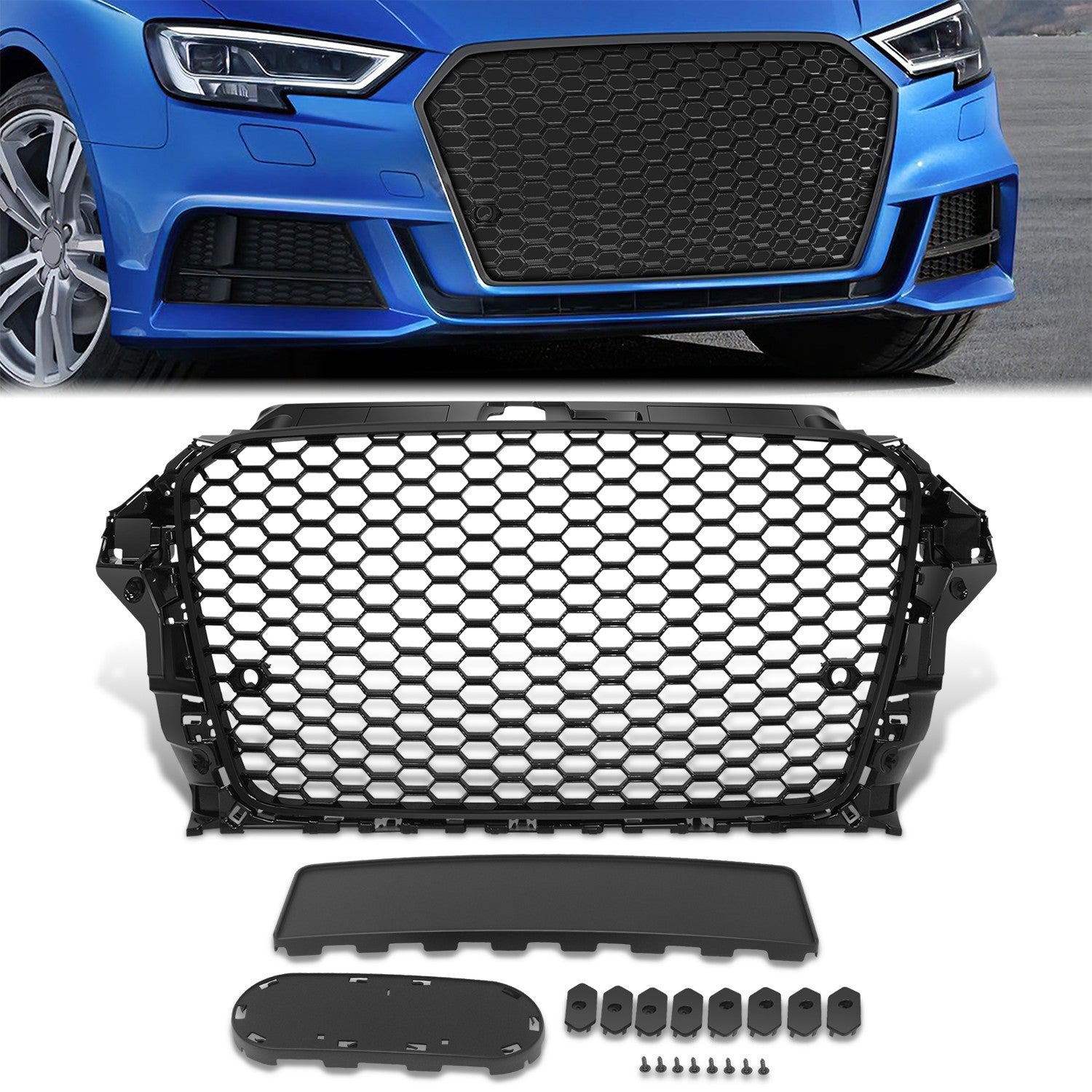 Black RS3 Style Front Grille w/ Sensor Bracket<br>14-16 Audi A3 Quattro S3