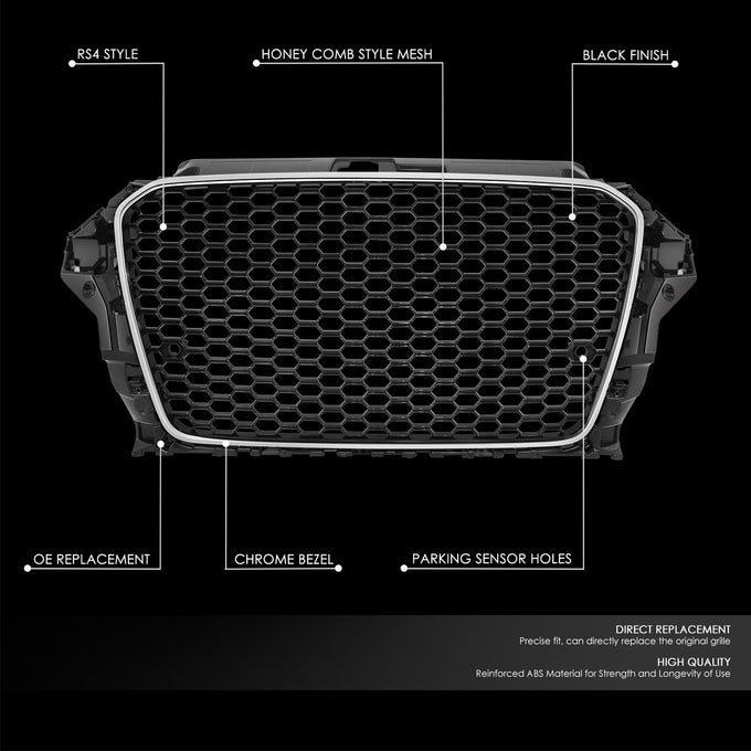 RS3 Front Grille Assembly w/ Parking Sensor Holes <br>14-16 Audi A3 Quattro S3