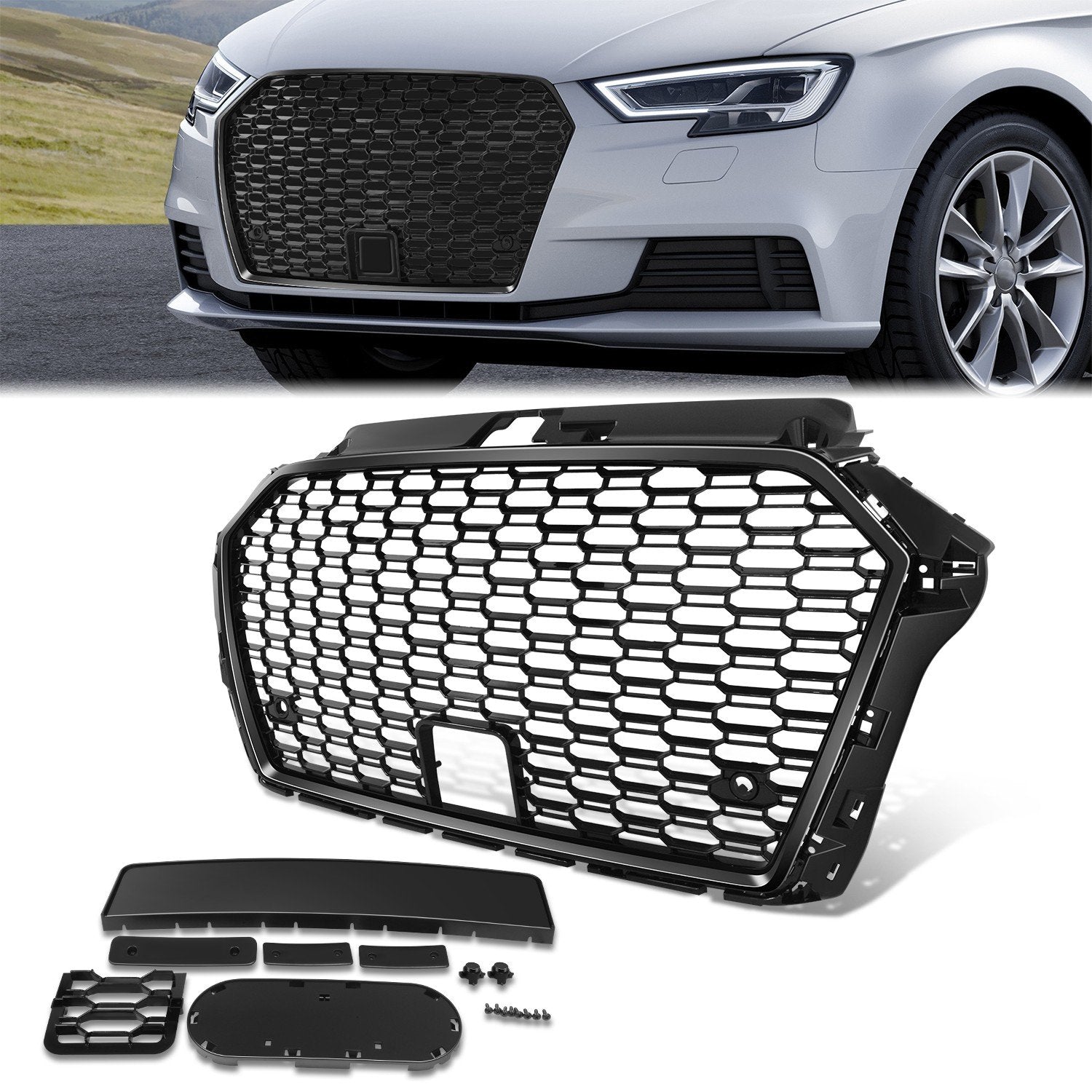 RS3 Style Grille Assembly w/ License Plate Mount <br>17-20 Audi A3 S3