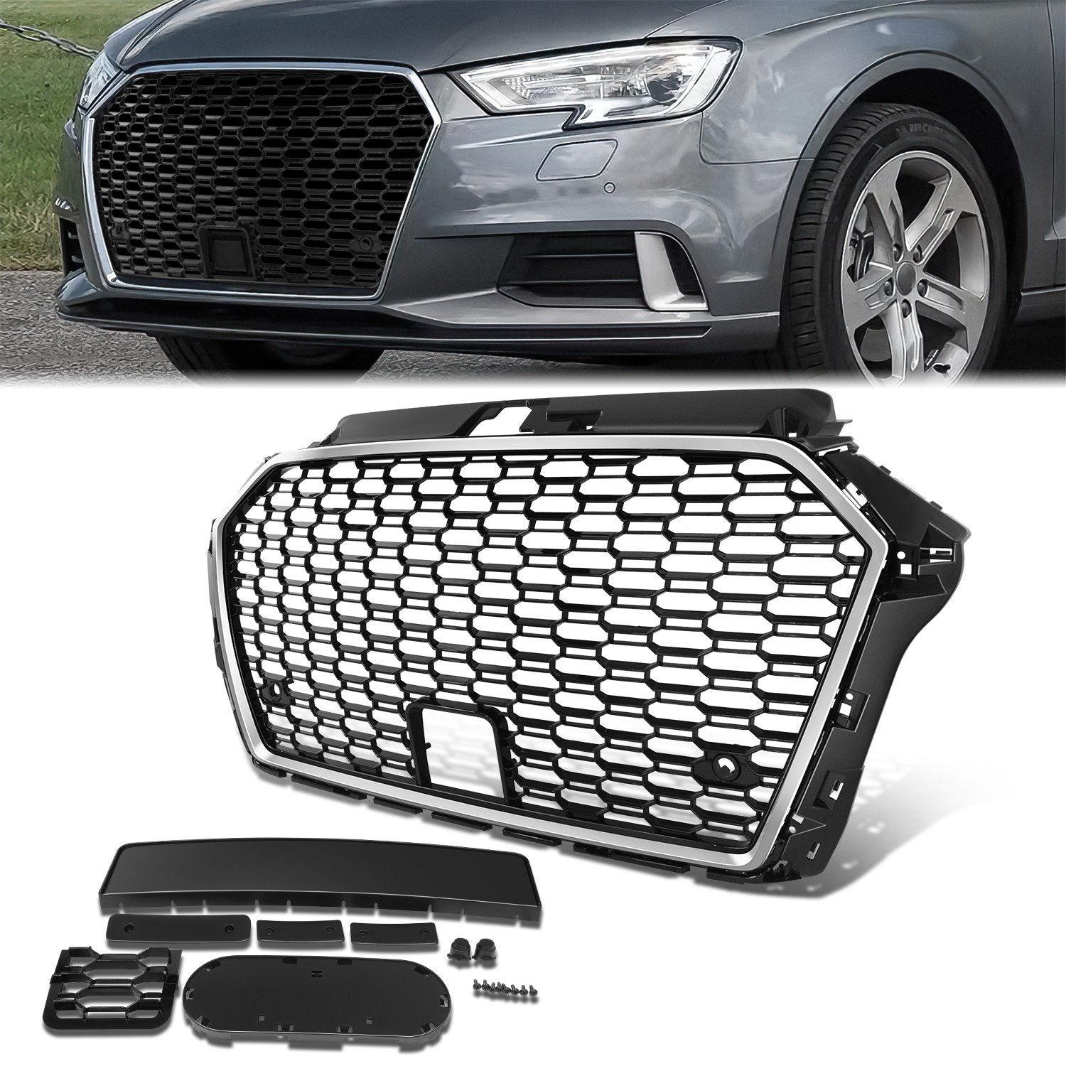 Front Mesh Grille w/ Parking Sensor Holes & Bracket <br>17-20 Audi A3
