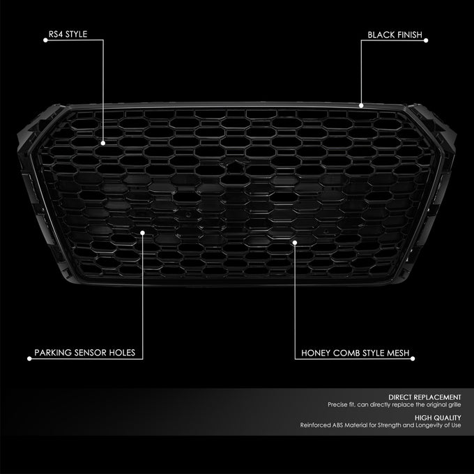 Black RS4 Style Front Grille w/ Camera Bracket<br>17-19 Audi A4 Quattro S4