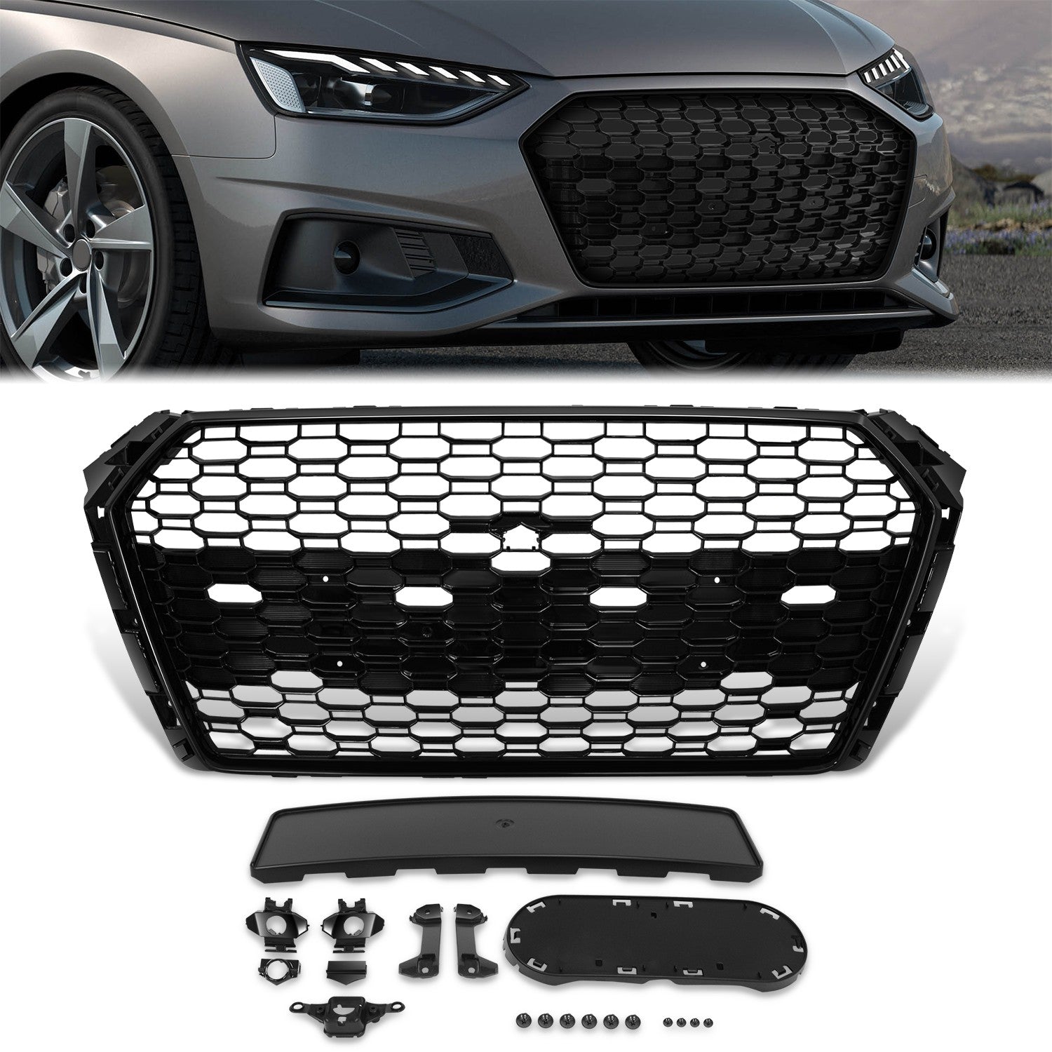 Black RS4 Style Front Grille w/ Camera Bracket<br>17-19 Audi A4 Quattro S4