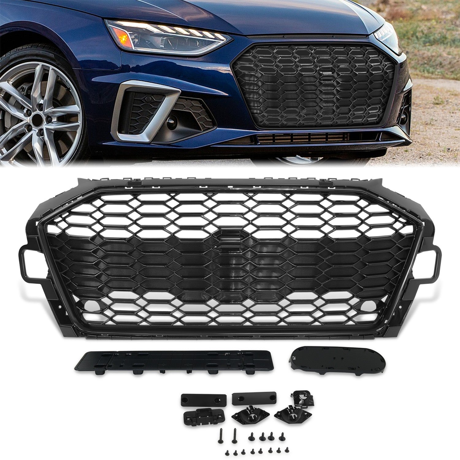 Black RS4 Style Front Grille w/ License Plate Mount<br>20-22 Audi A4 Quattro S4