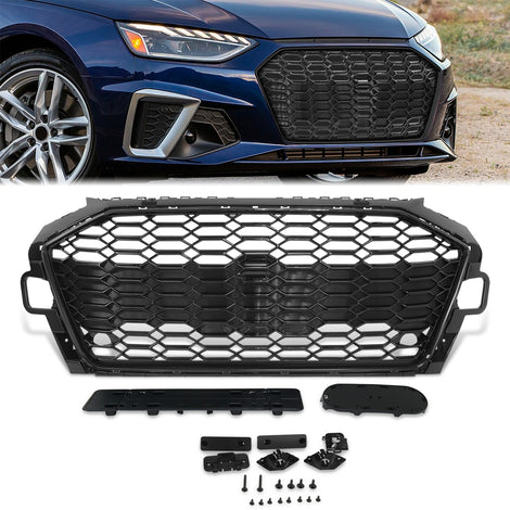 Black RS4 Style Front Grille w/ License Plate Mount<br>20-22 Audi A4 Quattro S4