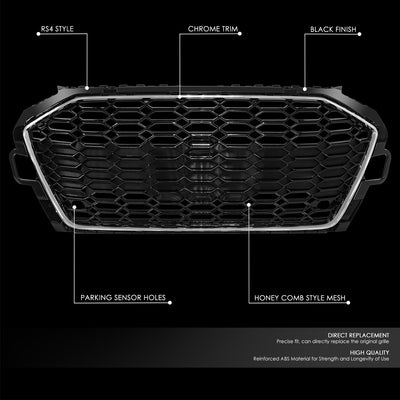 Black Chrome RS4 Style Front Grille w/ Sensor Bracket<br>20-22 Audi A4 Quattro S4