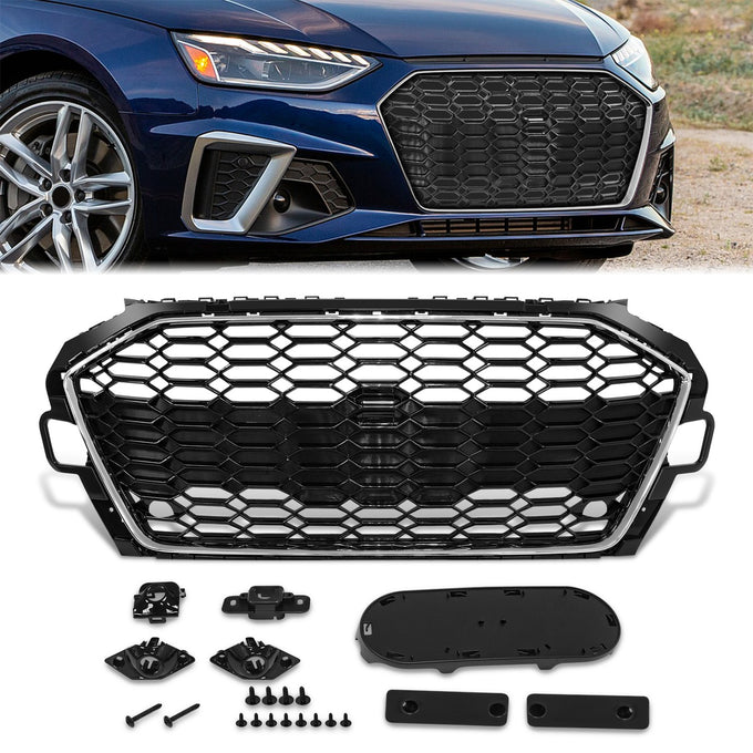 Black Chrome RS4 Style Front Grille w/ Sensor Bracket<br>20-22 Audi A4 Quattro S4
