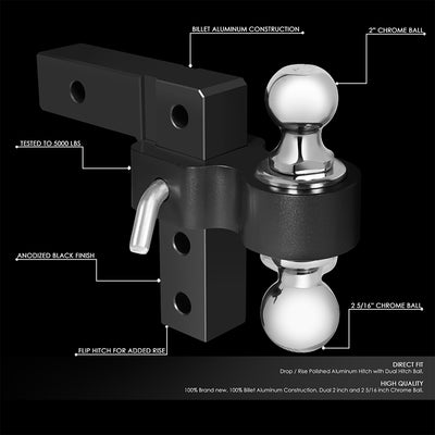 Adjustable Dual Ball Lock Tow Hitch <br>2 in. Receiver 6 in. Drop