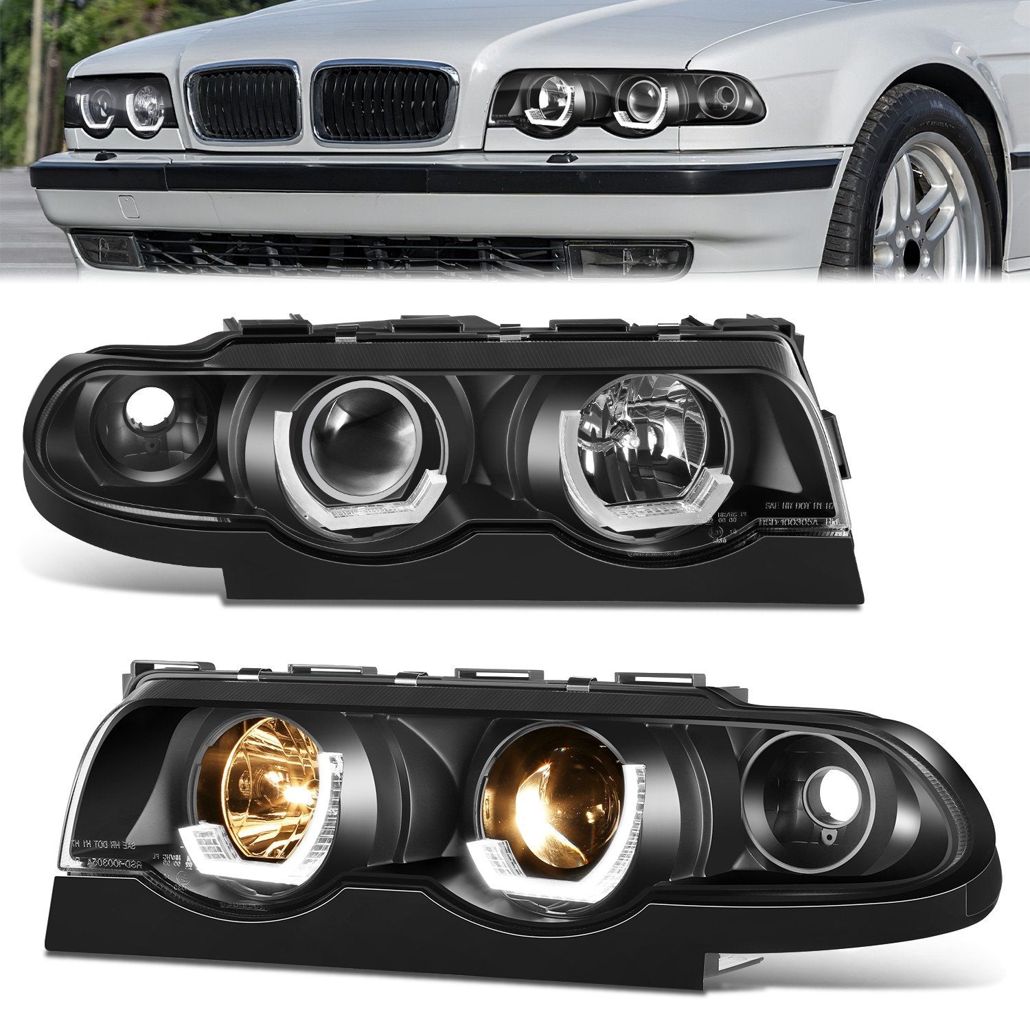 Black Housing LED U-Halo Projector Headlights <br>95-01 BMW E38 740i 740iL 750iL