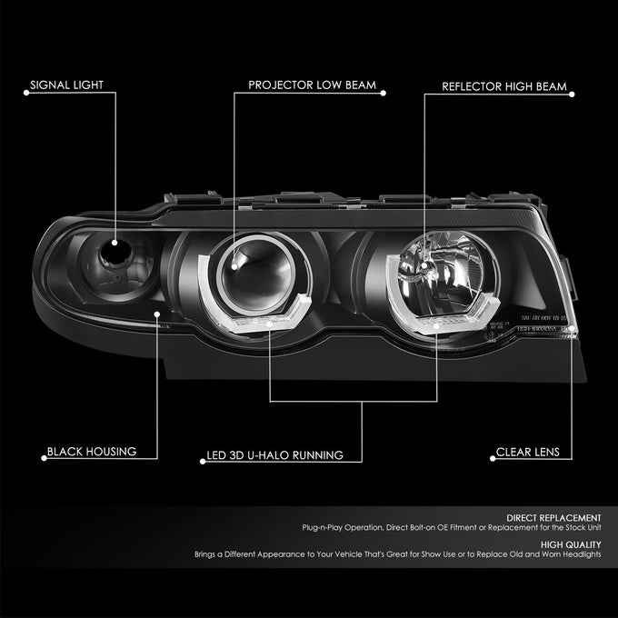 Black Housing LED U-Halo Projector Headlights <br>95-01 BMW E38 740i 740iL 750iL