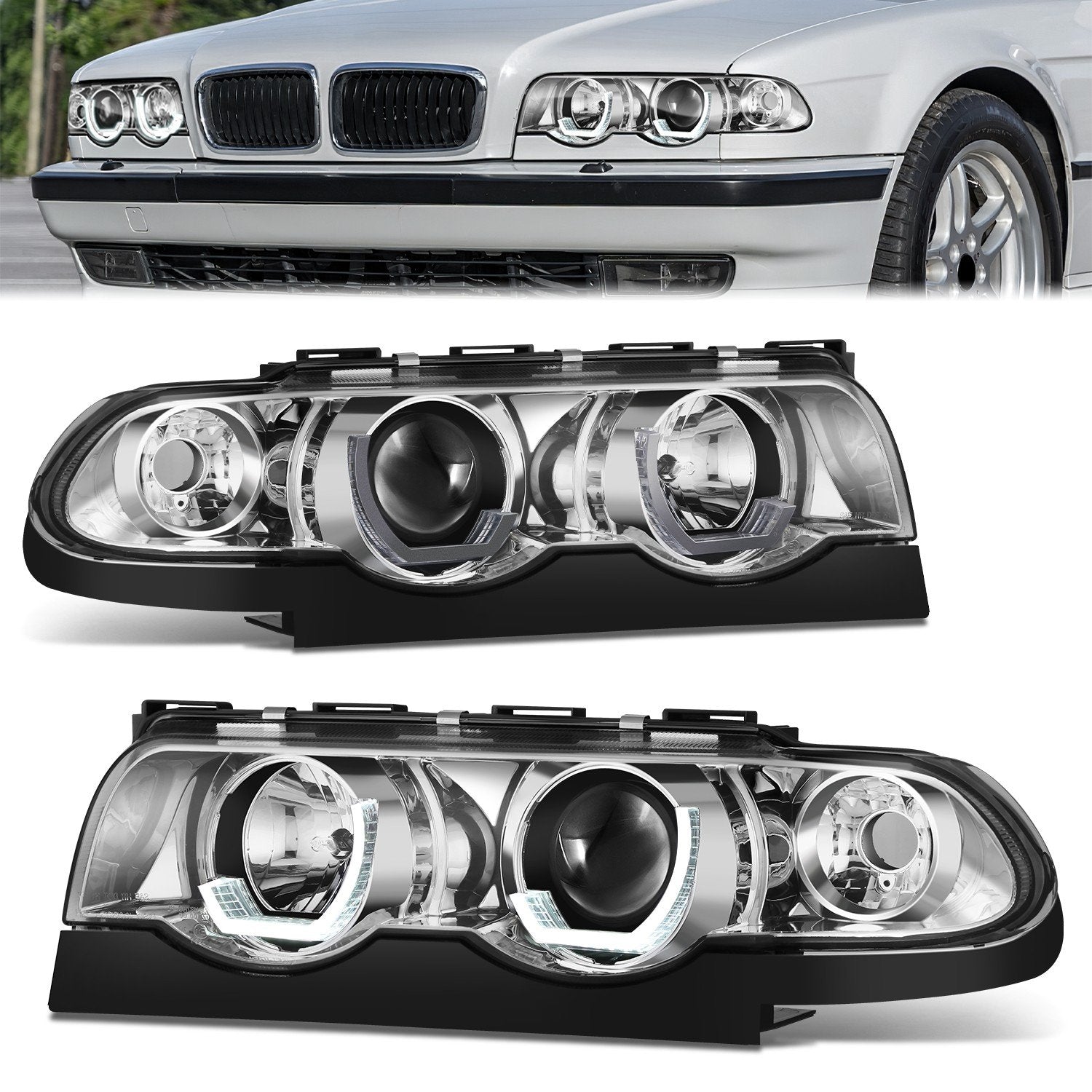 Chrome Housing LED U-Halo Projector Headlight <br>95-01 BMW E38 740i 740iL 750iL