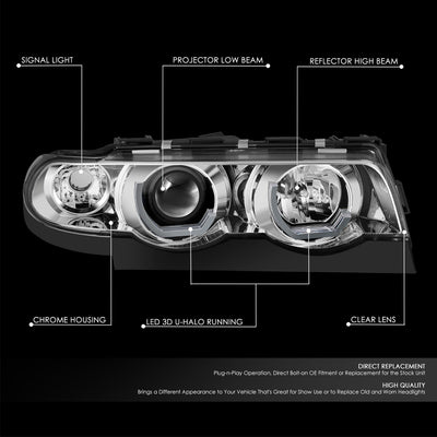Chrome Housing LED U-Halo Projector Headlight <br>95-01 BMW E38 740i 740iL 750iL