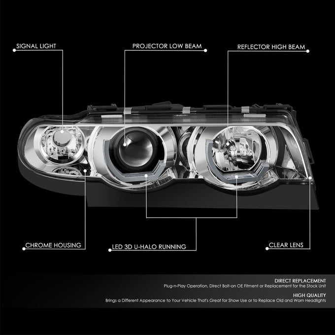 Chrome Housing LED U-Halo Projector Headlight <br>95-01 BMW E38 740i 740iL 750iL