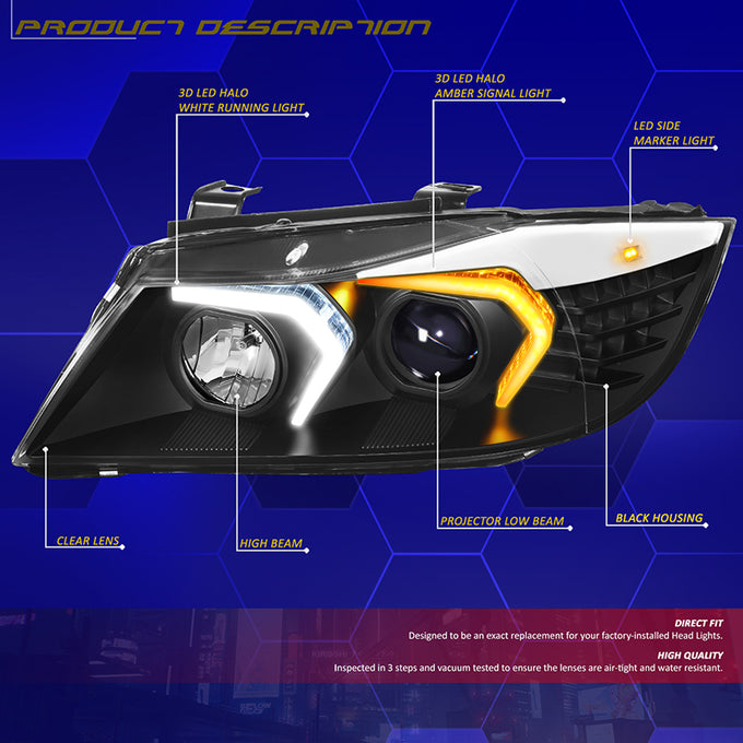3D LED DRL Switchback Halo Projector Headlights<br>05-08 BMW 3-Series E90 4-Door Sedan