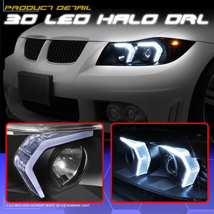 3D LED DRL Switchback Halo Projector Headlights<br>05-08 BMW 3-Series E90 4-Door Sedan