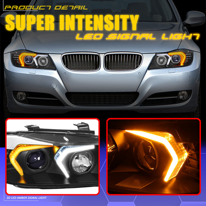 3D LED DRL Switchback Halo Projector Headlights<br>05-08 BMW 3-Series E90 4-Door Sedan