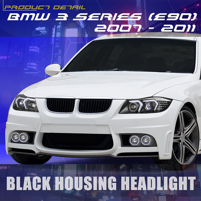3D LED DRL Switchback Halo Projector Headlights<br>05-08 BMW 3-Series E90 4-Door Sedan