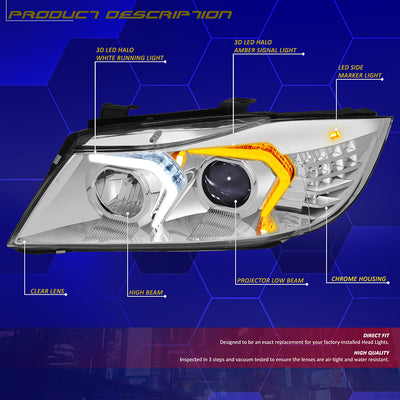 3D LED DRL Switchback Halo Projector Headlights<br>05-08 BMW 3-Series E90 4-Door Sedan