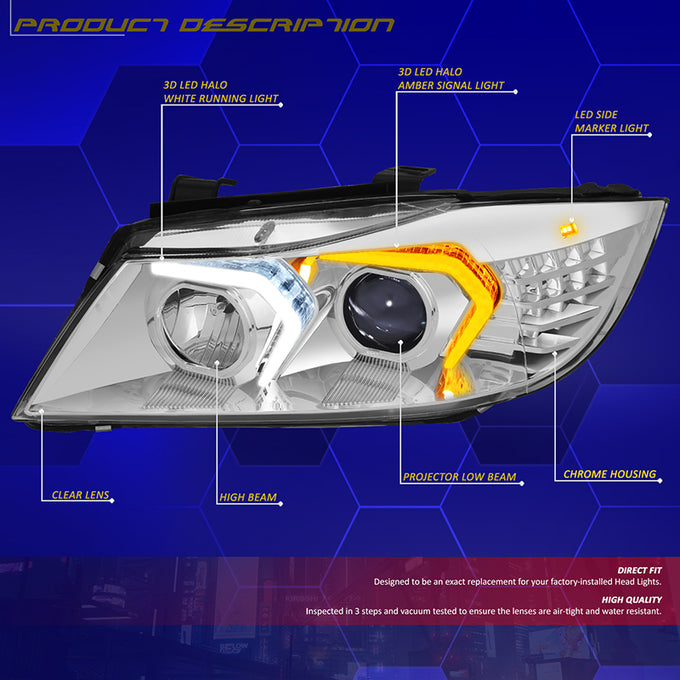 3D LED DRL Switchback Halo Projector Headlights<br>05-08 BMW 3-Series E90 4-Door Sedan