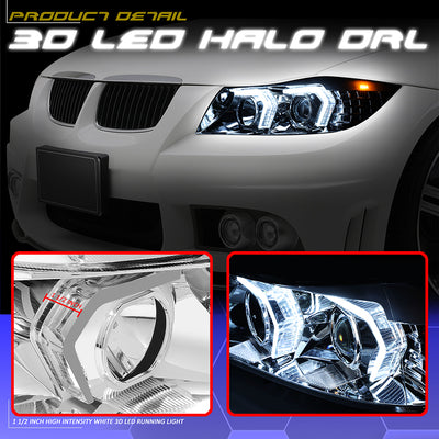 3D LED DRL Switchback Halo Projector Headlights<br>05-08 BMW 3-Series E90 4-Door Sedan