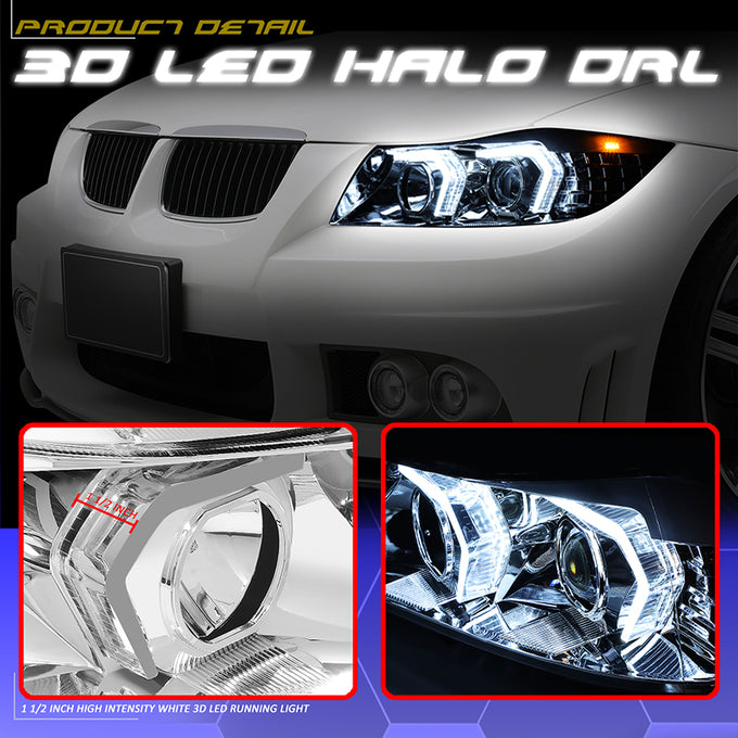 3D LED DRL Switchback Halo Projector Headlights<br>05-08 BMW 3-Series E90 4-Door Sedan