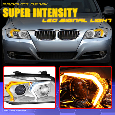 3D LED DRL Switchback Halo Projector Headlights<br>05-08 BMW 3-Series E90 4-Door Sedan