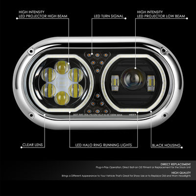 Full LED DRL Halo Ring Dual Projector Headlights <BR>67-87 Peterbilt 359
