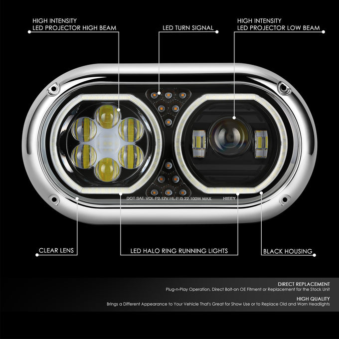Full LED DRL Halo Ring Dual Projector Headlights <BR>67-87 Peterbilt 359