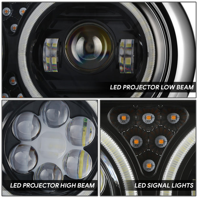 Full LED DRL Halo Ring Dual Projector Headlights <BR>67-87 Peterbilt 359