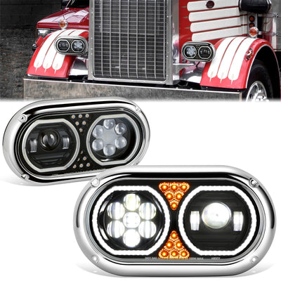 Full LED DRL Halo Ring Dual Projector Headlights <BR>67-87 Peterbilt 359