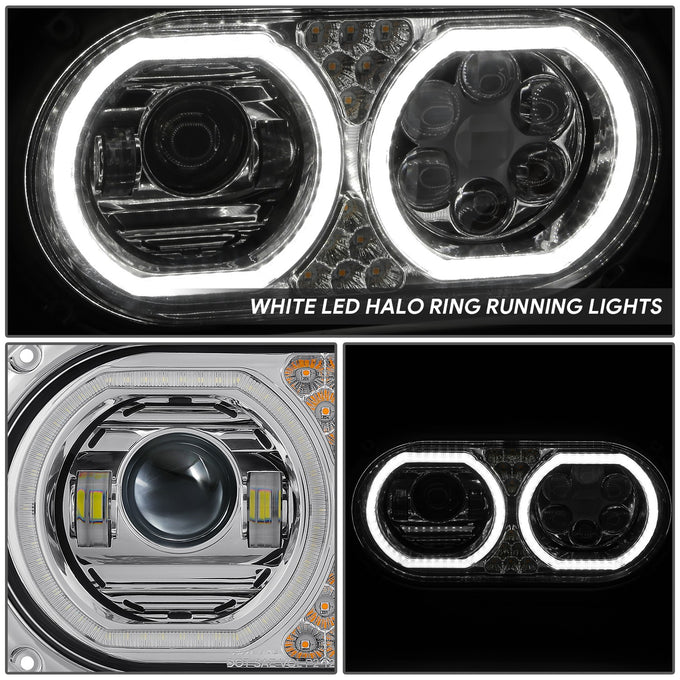 Full LED DRL Halo Ring Dual Projector Headlights <BR>67-87 Peterbilt 359