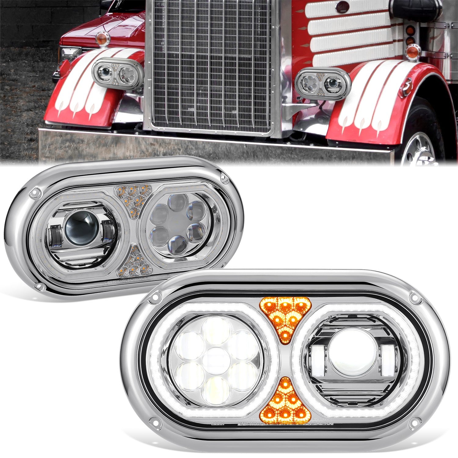 Full LED DRL Halo Ring Dual Projector Headlights <BR>67-87 Peterbilt 359
