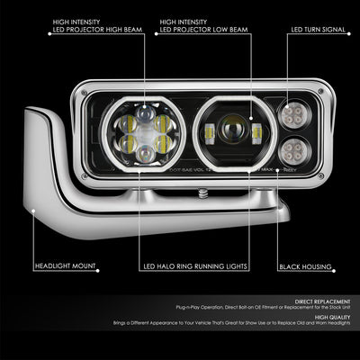 Full LED DRL Projector Headlights w/Mounting <BR>81-88 Peterbilt 359, 87-07 379, 08-21 389