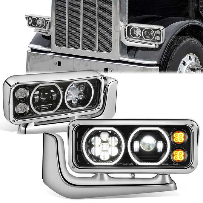 Full LED DRL Projector Headlights w/Mounting <BR>81-88 Peterbilt 359, 87-07 379, 08-21 389