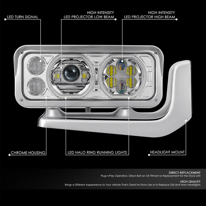 Full LED DRL Projector Headlights w/Mounting <BR>81-88 Peterbilt 359, 87-07 379, 08-21 389