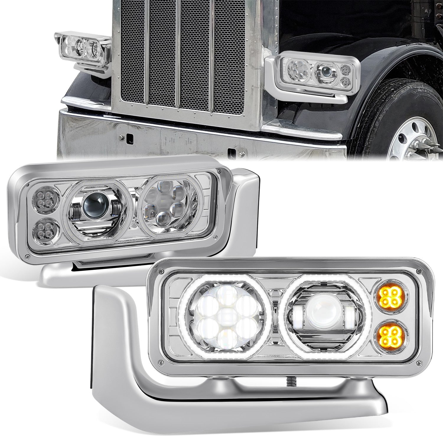 81-88 Peterbilt 359 Full LED DRL Projector Headlights w/Mounting