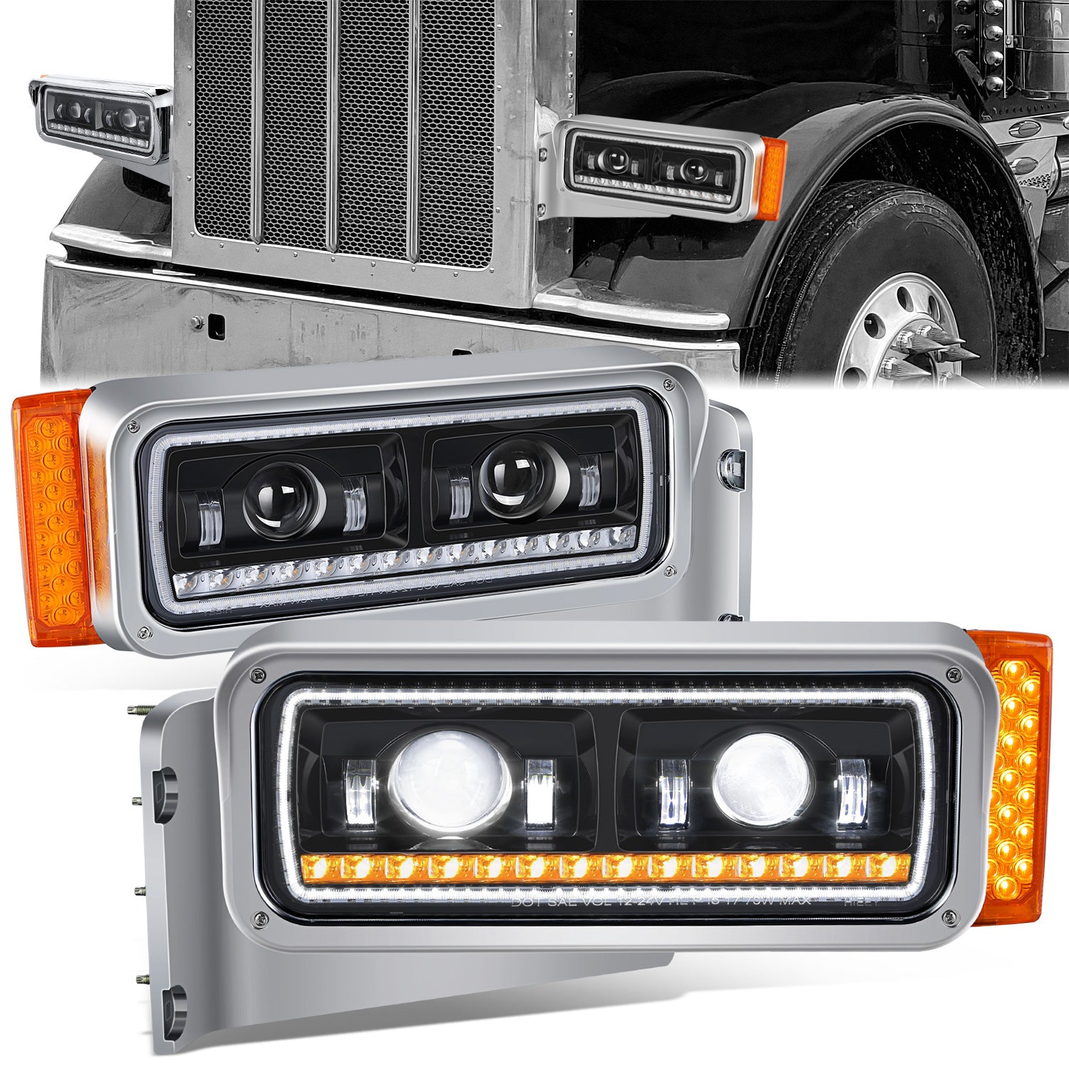 LED DRL Sequential Projector Headlights <br> 81- 21 Peterbilt 359 379 389