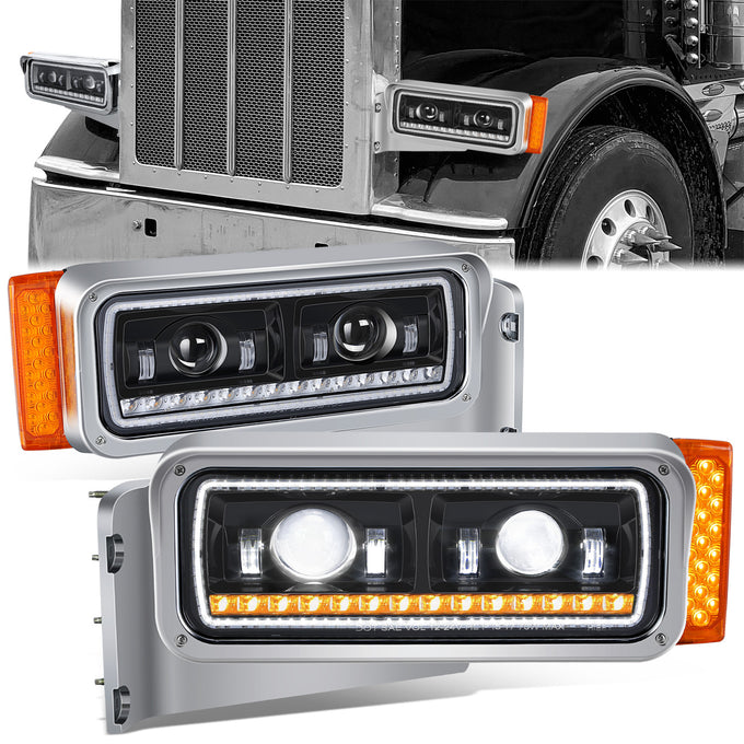 LED DRL Sequential Projector Headlights <br> 81- 21 Peterbilt 359 379 389