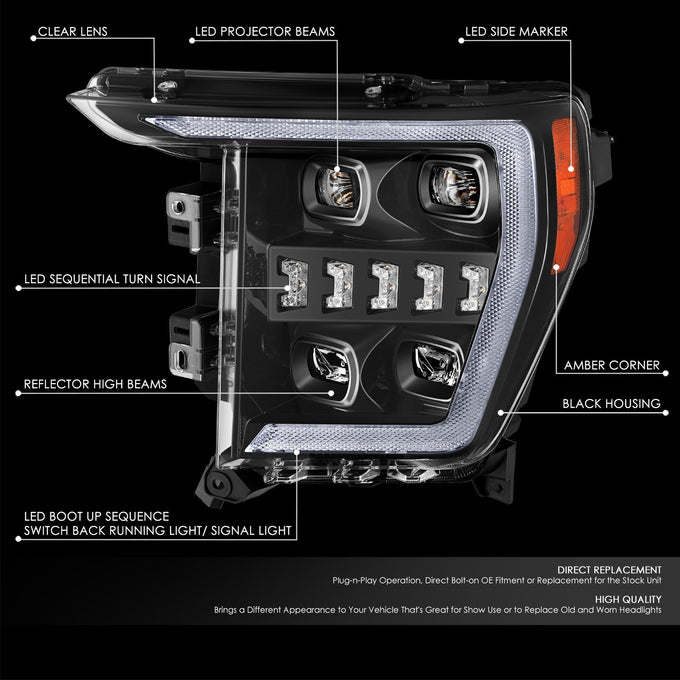 3D LED DRL Sequential Projector Headlights <br> 21-23 Ford F-150