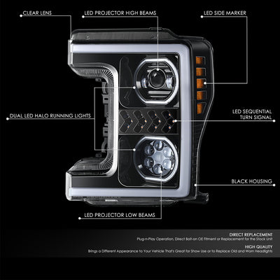 3D LED DRL Sequential Projector Headlights <br> 17-19 Ford F-250 F-350 F-450 Super Duty