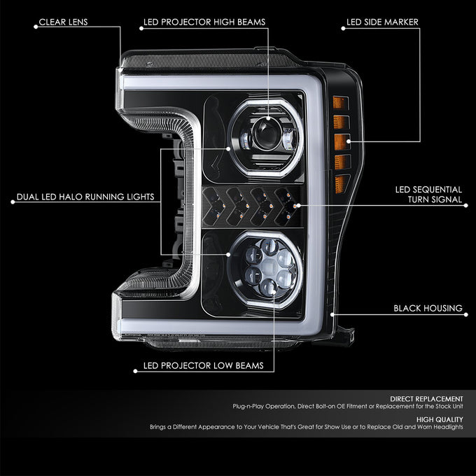 3D LED DRL Sequential Projector Headlights <br> 17-19 Ford F-250 F-350 F-450 Super Duty