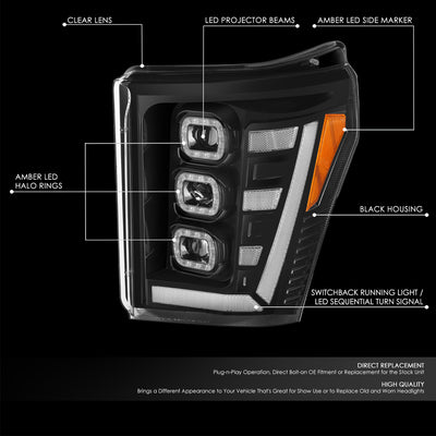 3D LED DRL Sequential Projector Headlights <br> 11-16 Ford F-250 F-350 F-450 Super Duty