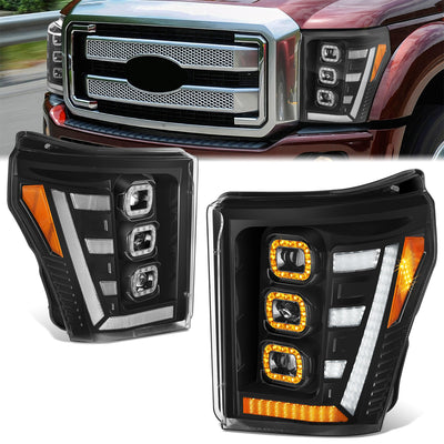 3D LED DRL Sequential Projector Headlights <br> 11-16 Ford F-250 F-350 F-450 Super Duty