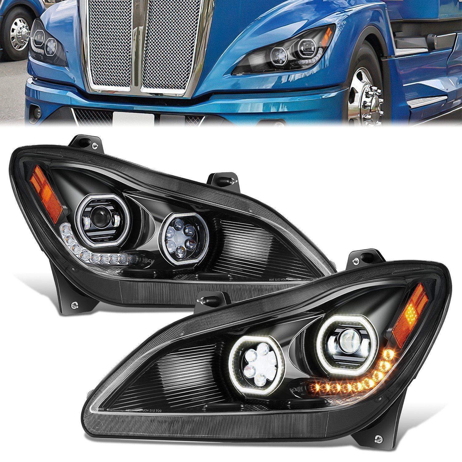 LED DRL Halo Ring Projector Headlighs Black <br>22-25 Kenworth T680 Next Gen